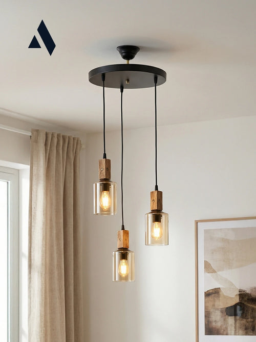 Altira 3'lü Ahşap Sarkıt Avize – Modern Camlı Tepsili Dekoratif Salon ve Yemek Masası Avizesi